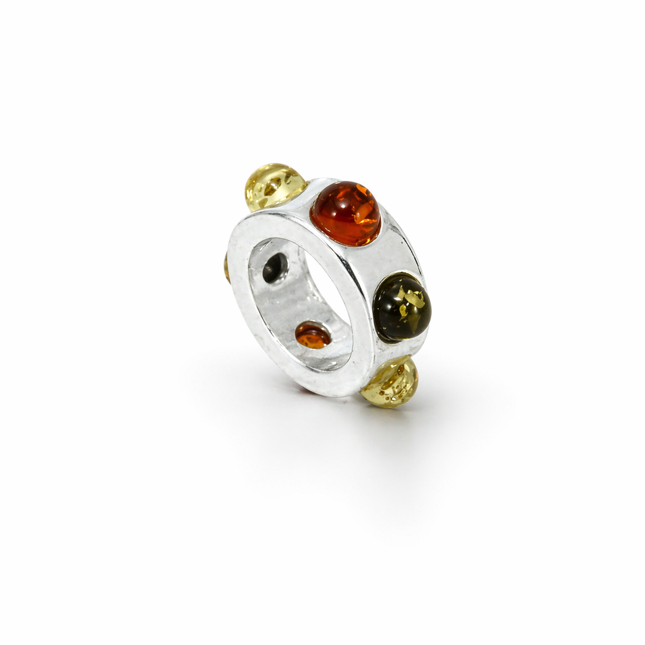 Charms srebrny z bursztynem koniakowym, zielonym i cytrynowym bead bok