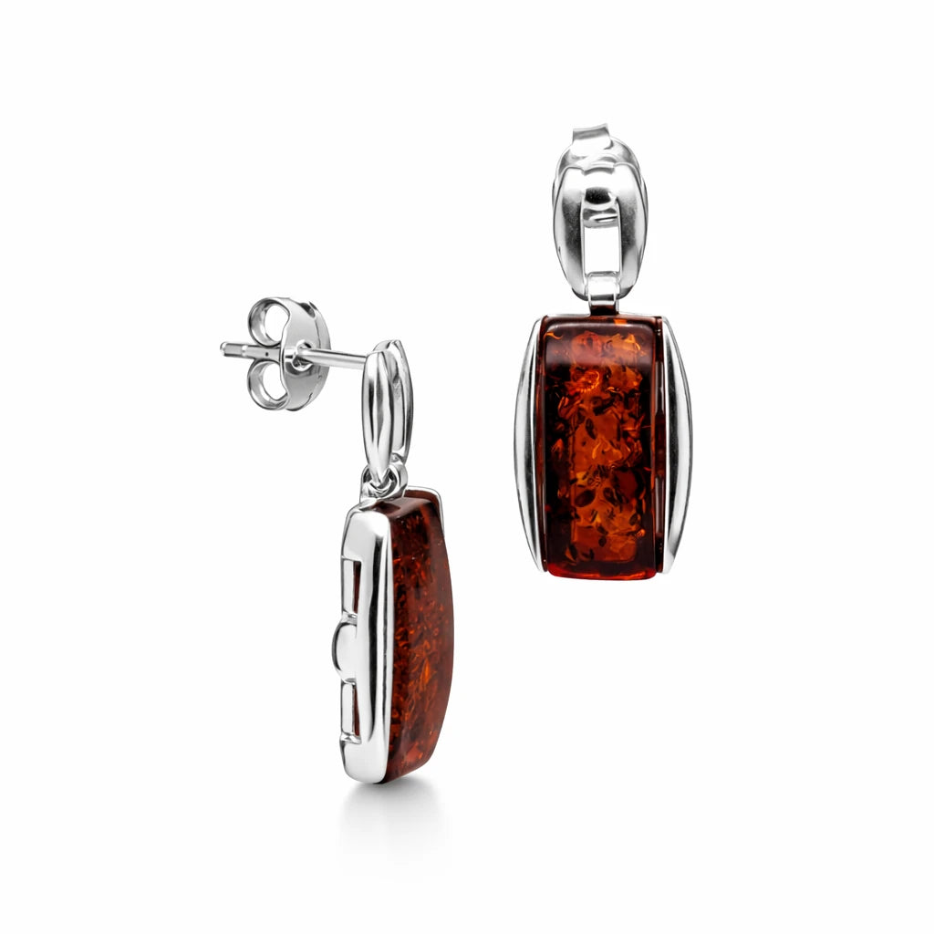 Kolczyki srebrne wiszące z bursztynem koniakowym klasyczne prostokąty