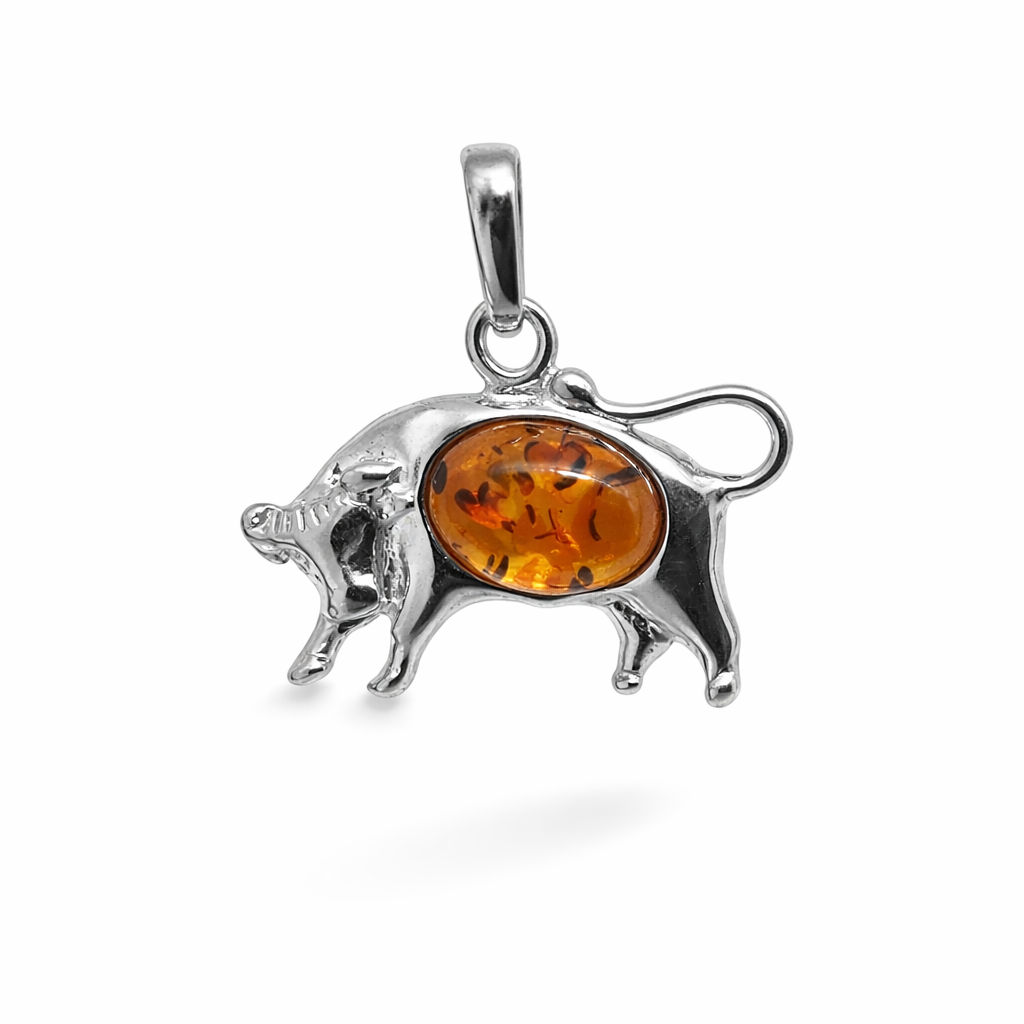 Wisiorek srebrny z bursztynem koniakowym znak zodiaku byk
